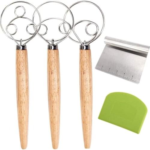 Danish Dough Whisks with Dough Scraper,Wooden Handle Manual Dough Mixer for Pizza Dough,Bread, Biscuits and Pastry