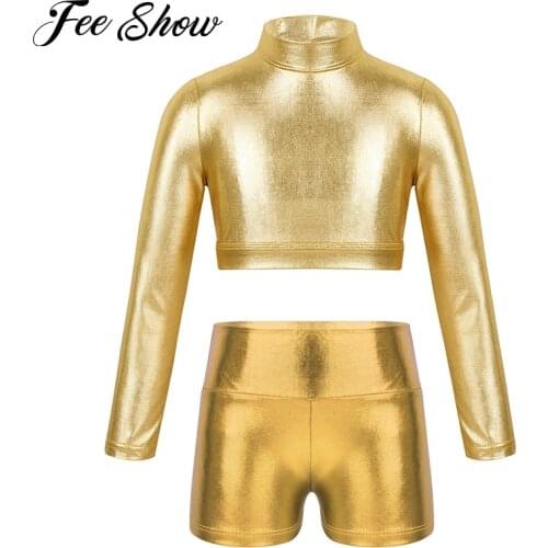 Kids Girls Glossy Metallic Clothes Outfits Children Dancing Stage Performance Long Sleeves Crop Top and High Waist Shorts Set