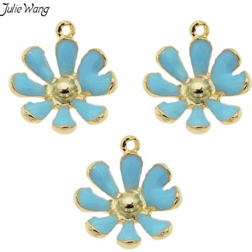 Julie Wang 10pcs Fashion Enamel Daisy Flower Blue Alloy Romantic Charms Women For necklace Bracelet Jewelry Making Findings