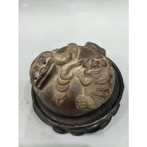 Collection QingDynasty YI XING Purple sand porcelain toad brothers send to money statue,Hand carving crafts,free shipping