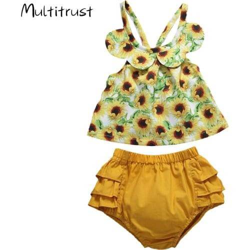 Multitrust 2Pcs Baby Girls Outfit Summer Sunflower Print Lace Collar Sleeveless Top Solid Shorts Set Breathable Top with Shorts