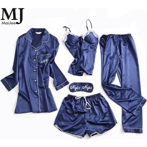 MJ025A Lace 5 Pic Silk Pijamas Mujer Night Suit Satin Pyjamas Women Pajama Set Kigurumi Pajamas Pyjama Femme Lingerie Pijama