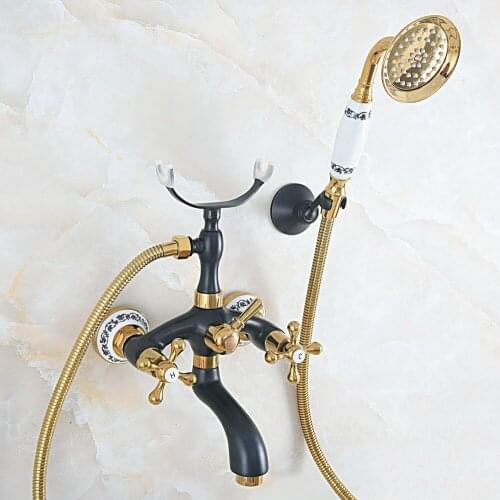 Oil Rubbed & Gold Brass Two Handle Wall Mounted Bathroom Bath Tub Faucet Set with 150CM Hand Held Shower Spray Mixer Tap 2na582