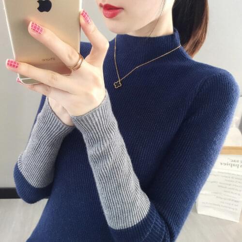 Fashionable New Womens Semi High Collar Color Matching With Bottom Layer And Slim Bottom Layer Pullover And Lady Sweater