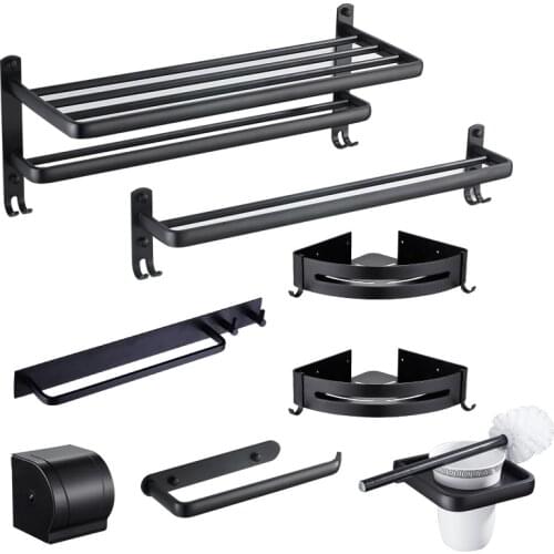Bathroom Hardware Set Aluminum Towel Rack Paper Holder Corner Shelf Toilet Brush holder Hook Black Bathroom Accessories Set