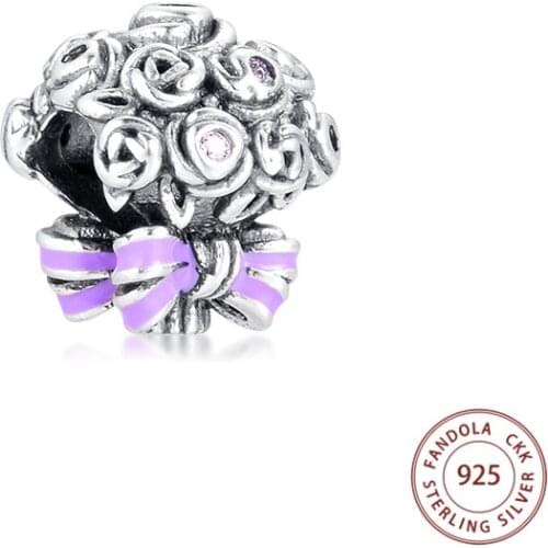 Authentic 925 Sterling Silver Purple Enamel Celebration Bouquet Beads Charm Fits Original Charm Bracelet DIY Jewelry Making