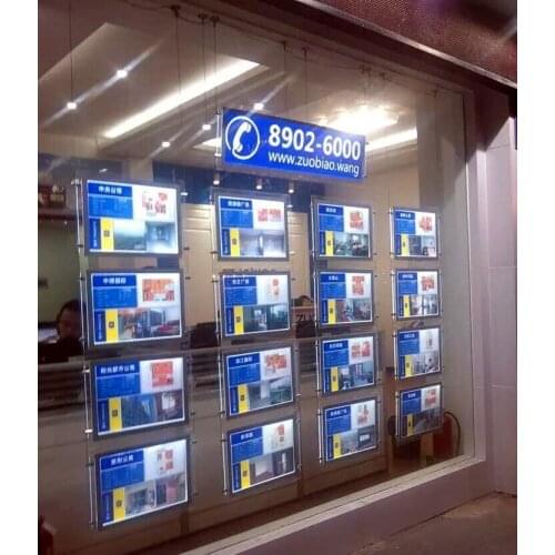 Real Estate Window Hanging Display Systems,LED Illuminated Acrylic Poster Frame A3 Single Sided Cable Wire Kits Light Pocket
