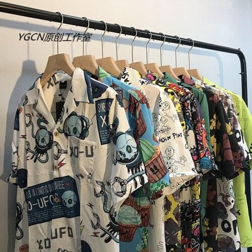 Retro Printed Short-sleeved Shirt T-shirt Male Hip-hop Wild Fashion Loose Couple T-shirt Half-sleeved Shirt Oversized T-shirt