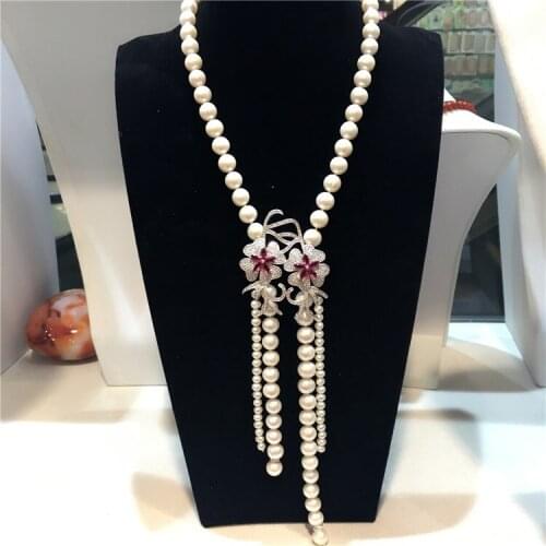 Hand knotted natural white freshwater pearl micro inlay zircon accessories necklace tassel sweater chain fashion jewelry