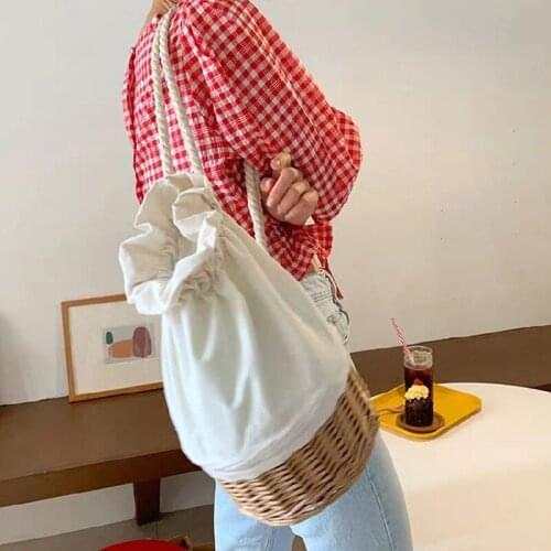 Straw Canvas Stitching Shoulder Bag Drawstring Harness Pocket Rattan Handbag Travel Capacity Bag