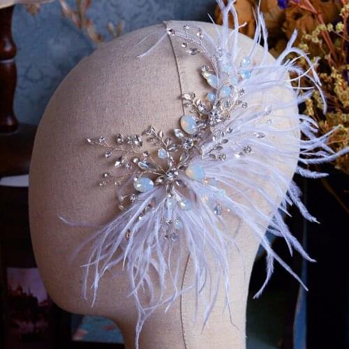 White Feather Hair Clips Tiara Crystal Clip Wedding Bride Hair Accessories Women Bijoux Jewelry Vintage Designer Headband