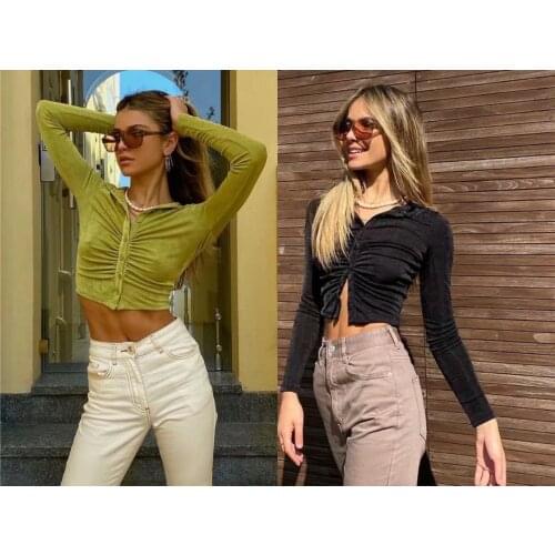 2021 summer slim fit Ruffle womens flash shirt womens sexy Y2K clothing button up Lapel shirt long sleeve cut top