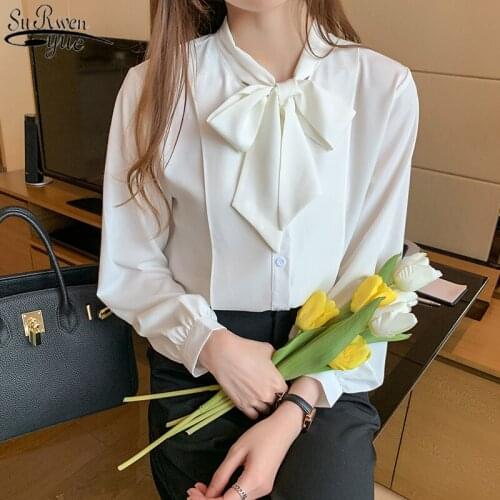 2021 Bow V Collar Ladys Shirt Autumn Single-breasted Chiffon Blouse Fashion New Style Top Blue Latern Long Sleeve BLUSAS10693