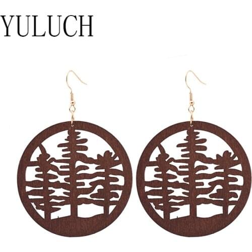 YULUCH Women Round Wood Jungle Hollow Pendant Earrings Girls Simple Holiday Holiday Jewelry Women Personality Accessories GIRL