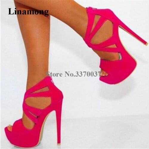 Ladies Sexy Open Toe Suede Leather Stiletto Heel High Platform Sandals Rose Red Strap Cross Back Zipper-up High Heel Sandals
