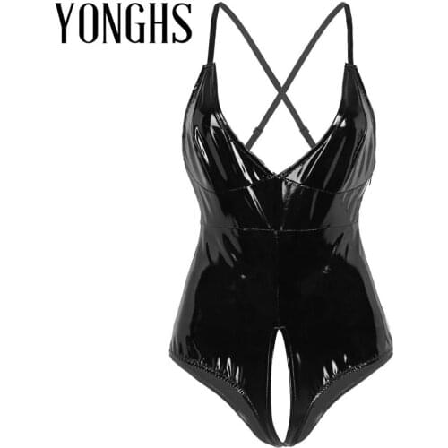 Women Latex Sex Bodysuit Wet Look Patent Leather Lingerie Plunging V-neck Cross at Back Crotchless Leotard Bodysuit Nightwear
