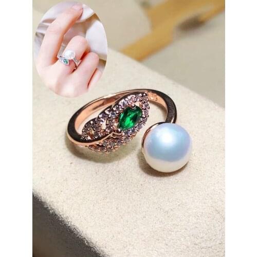 LanChen romantic peacock feather ring 8mm white freshwater pearl ring ladies party wife surprise gift