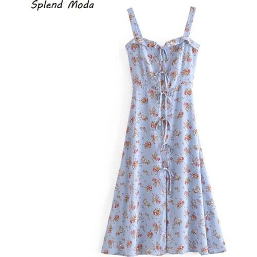 Splend Moda 2021 French Vintage Floral Print Lace-Up Bow Side Slit A-Line Strap Woman Dress Zipper Summer New Vestido Chic
