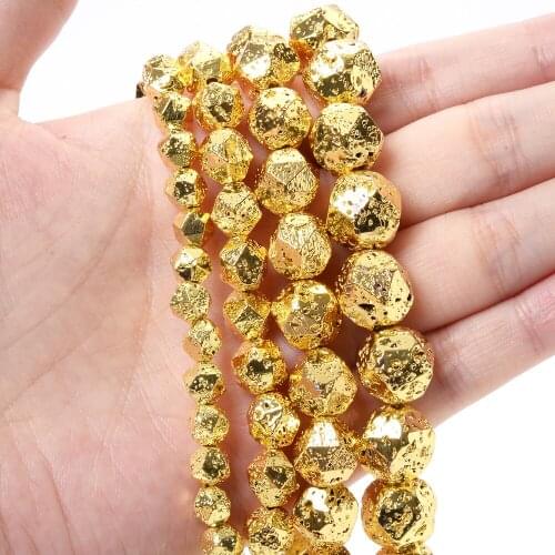 Gold Color Plating Lava Beads Natural Faceted Loose Spacer Bead for Jewelry Making DIY Charm Bracelet Accessories 6/8/10/12mm