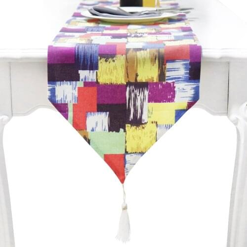 2021 Cotton And Linen Table Runner With Tassels Colorful Squares Celebration Decoration Christmas Wedding Banquet Table Runner
