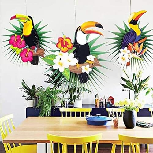 3Pcs Hanging Pendant Attractive Lightweight Multicolor Palm Leaf Shape Paper Fan Bird Ornament for Home