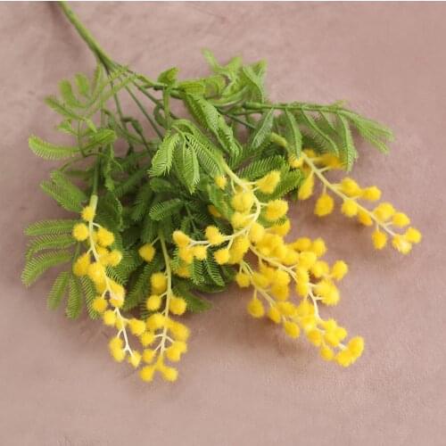 5 Heads Artificial Albizia Flocking Acacia Bean Flower Bunch Wedding Home Decoration Fake Flowers Green Plants