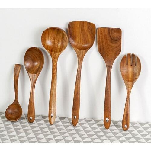 6pcs Teak Cooking Utensils Kitchen Tools Set Non-stick Spatula Wooden Handle Kitchen Accessories Sets