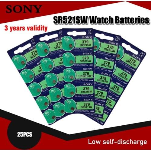25pcs Sony 100% Original 379 SR521SW SR63 D379 V379 AG0 Silver Oxide Watch Battery 379 SR521SW Button Coin Cell MADE IN JAPAN