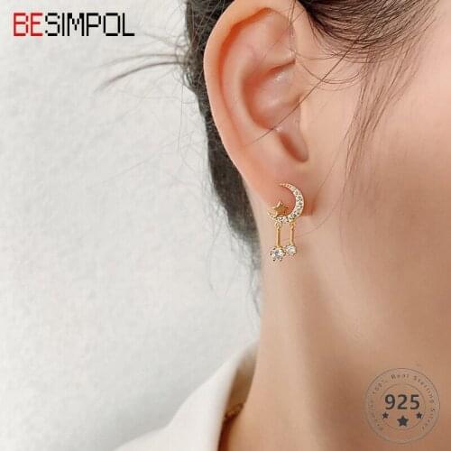 Besimpol 100% Real 925 Sterling Silver Earrings Zircon Moon Star Tassels Stud Earrings For Women Luxury Golden Fine Jewelry Gift