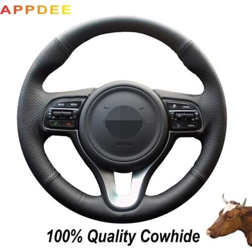 APPDEE Hand-stitched Black Genuine Leather Steering Wheel Cover for Kia K5 2016 Sportage 4 KX5 2016