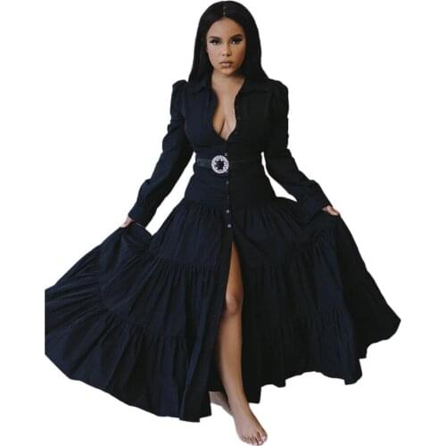 Black Casual Maxi Long Shirt Dress Pary Night Club Ball Gown Dresses Long Sleeve Sexy Vintage Dress Autumn Spring Clothing