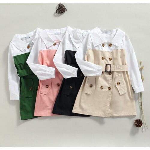 2021 Autumn Toddler Kids Baby Girl Long Sleeve Turn Down Collar Patchwork Pocket A-line Dress With Belt Children Clothes