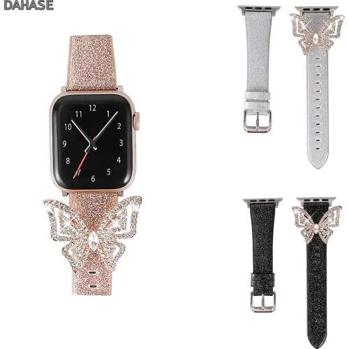 Glitter Butterfly Leather Strap For Apple Watch Band Series 1 2 3 4 5 6 SE Diamond Bracelet For 38 40 42 44mm iWatch Wristband