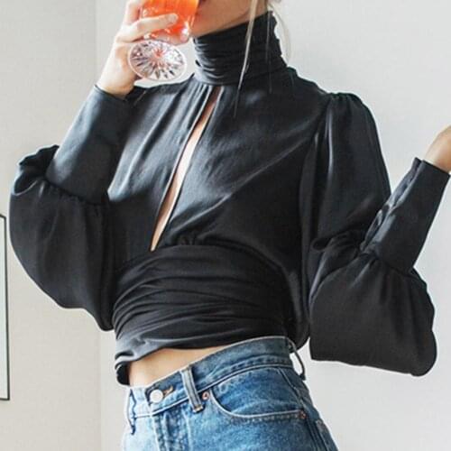 Summer ladies fashion sexy long-sleeved hollow turtleneck halter tops summer shirts street daily wear