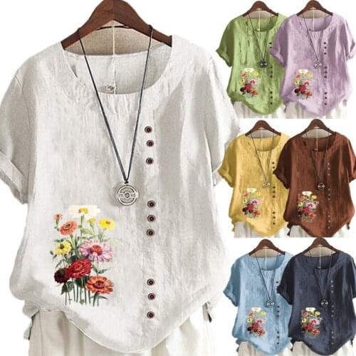 Summer Womens Fashion Printed Loose T-shirt Retro Cotton and Linen O-neck Plus Size Short-sleeved Womens Top S-5XL