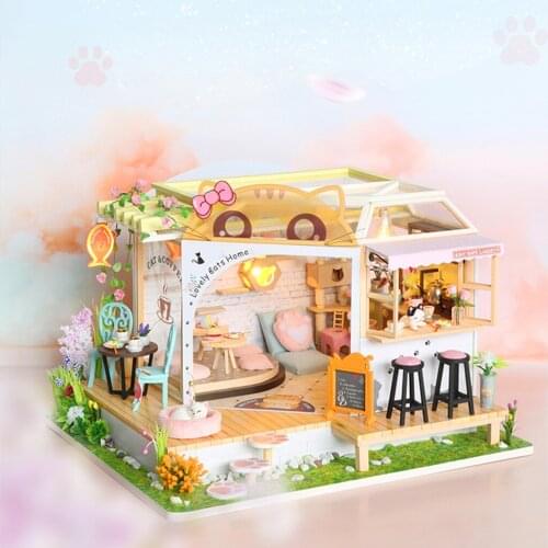 Dollhouse Cat Coffee Shop Kit LED Light Wooden 3D Puzzles Self Assembly