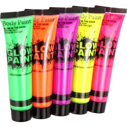 5 Colors Non-toxic Glow in The Dark Neon Paints for Face & Body Painting Easy Removed for Stage Makeup Halloween Party