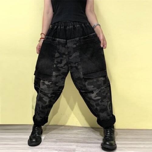 Autumn New Arts Style Women Elastic Waist Loose Vintage Jeans Big Pocket Patchwork Print Cotton Denim Harem Pants Plus Size M508