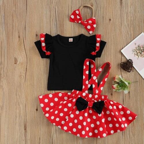 0-3Y Sweet Kids Baby Girls Skirt 3pcs Suit Fresh Solid Color Short Sleeve T-shirt+Bow Polka Dot Suspender Skirt+Headband