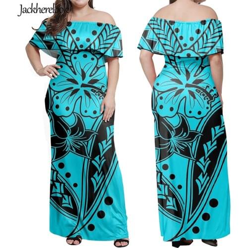 Jackherelook Blue Hawaiian Dress for Women Polynesian Tribal Floral Hibiscus Print Elgant Party Off Shoulder Maxi Dresses Mujer