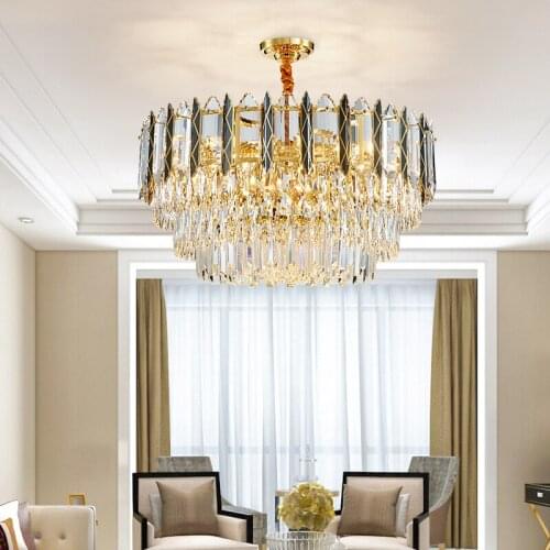 Luxury Golden White Glass Indoor Lamp Fixture Crystal Hanging Drop Titanium Mirror Pendant Light For Living Room