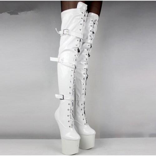 White High Leg Boots Lace Up Extreme High Heel Fetish Heelless Horse Stallion Hoof Sole Over Knee Boots Women crotch High Boots