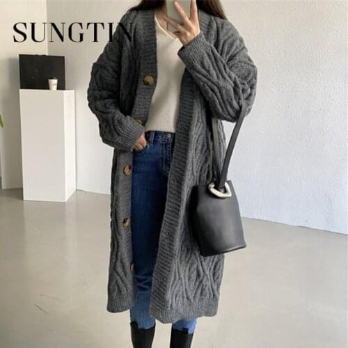 Sungtin V Neck Long Knitted Sweater Cardigan Women Loose Casual Argyle Twist Sweaters 5 Colors Vintage Thick Outerwear Korean