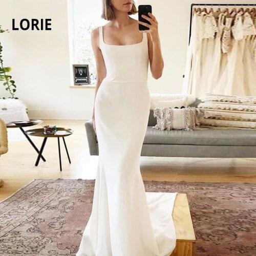LORIE Spaghetti Strap Boho Wedding Dress Mermaid Soft Stain Long Train Bride Gowns Backless Sleeveless Simple Maxi Dress