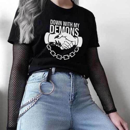 Down with my demons letter Gothic cartoon print loose large size Vintage punk T-shirt O-neck casual short-sleeved female tees