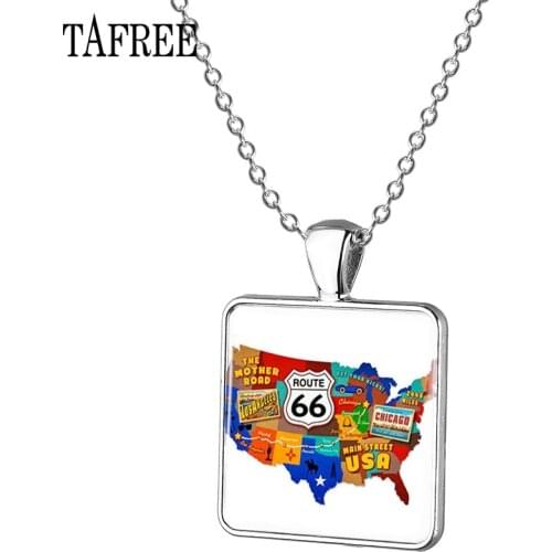 TAFREE USA Route 66 Route Signs Pendants Necklaces Fashion Unique USA Map Glass Cabochon Dome Handmade Party Gifts Jewelry UR26