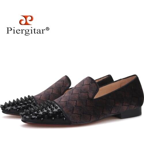 Piergitar 2020 plaid design brown velvet men studded shoes handmade red bottom mens loafers for party and banquet plus size