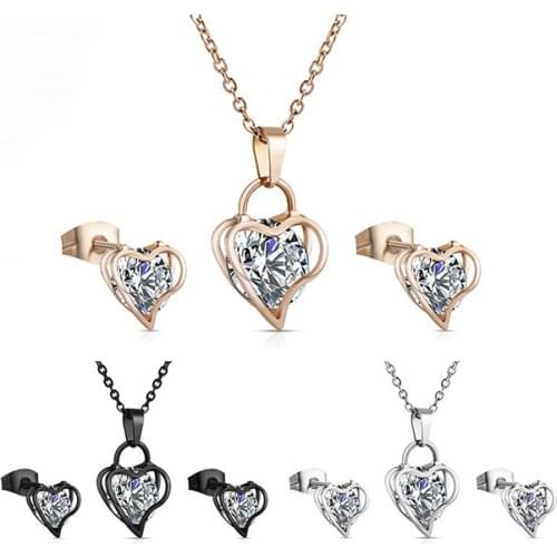 Heart - shaped Zircon with Stainless steel necklace and earings exquisite two - piece set