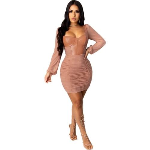 Vintage PU Leather Patchwork Ruched Mini Dress for Women 2021 New Long Sleeve Backless Bodycon Night Club Party Dress Robe Femme