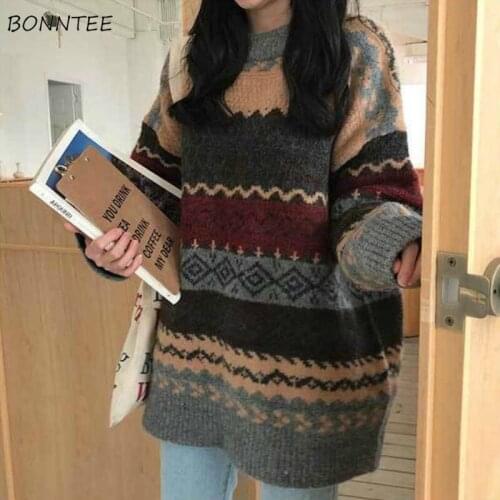 Vintage Sweaters Women Ins Chic Retro Loose Harajuku Autumn Basic Preppy Girls Knitwear All-match O-neck Trendy Femme Pullover